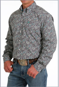 Grey Paisley Cinch Button Up