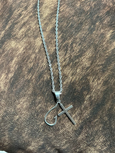 Mens Cross and Fish hook Necklace
