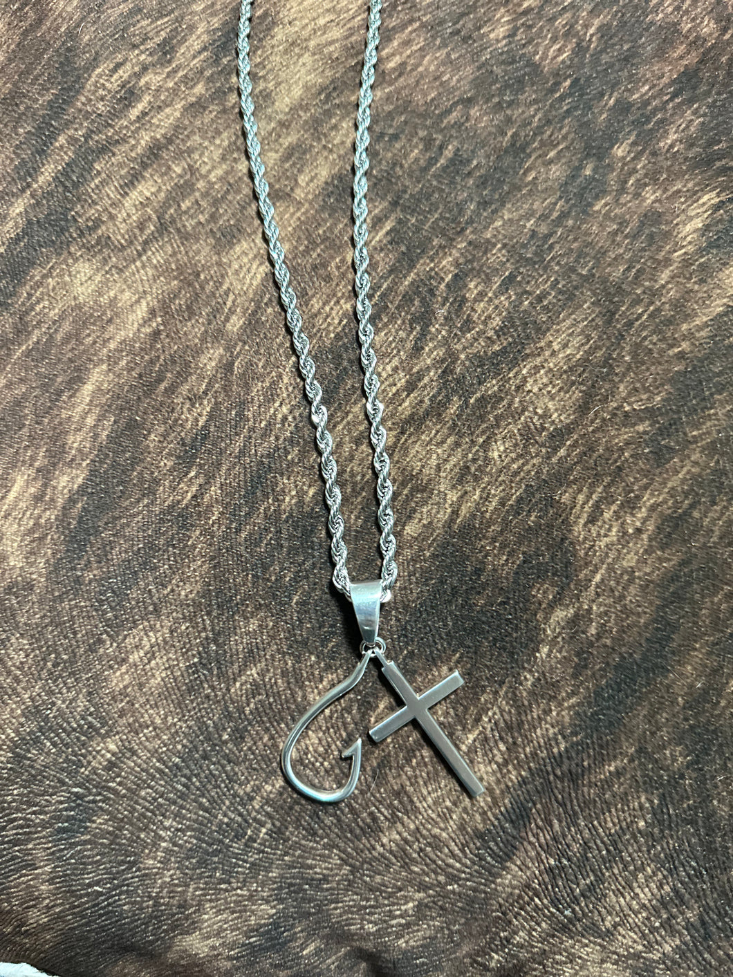Mens Cross and Fish hook Necklace